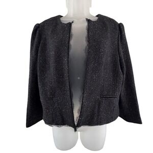 Ann Taylor‎ LOFT Jacket Womens 14 Black Wool Blend Tweed Lace Raw Blazer Career